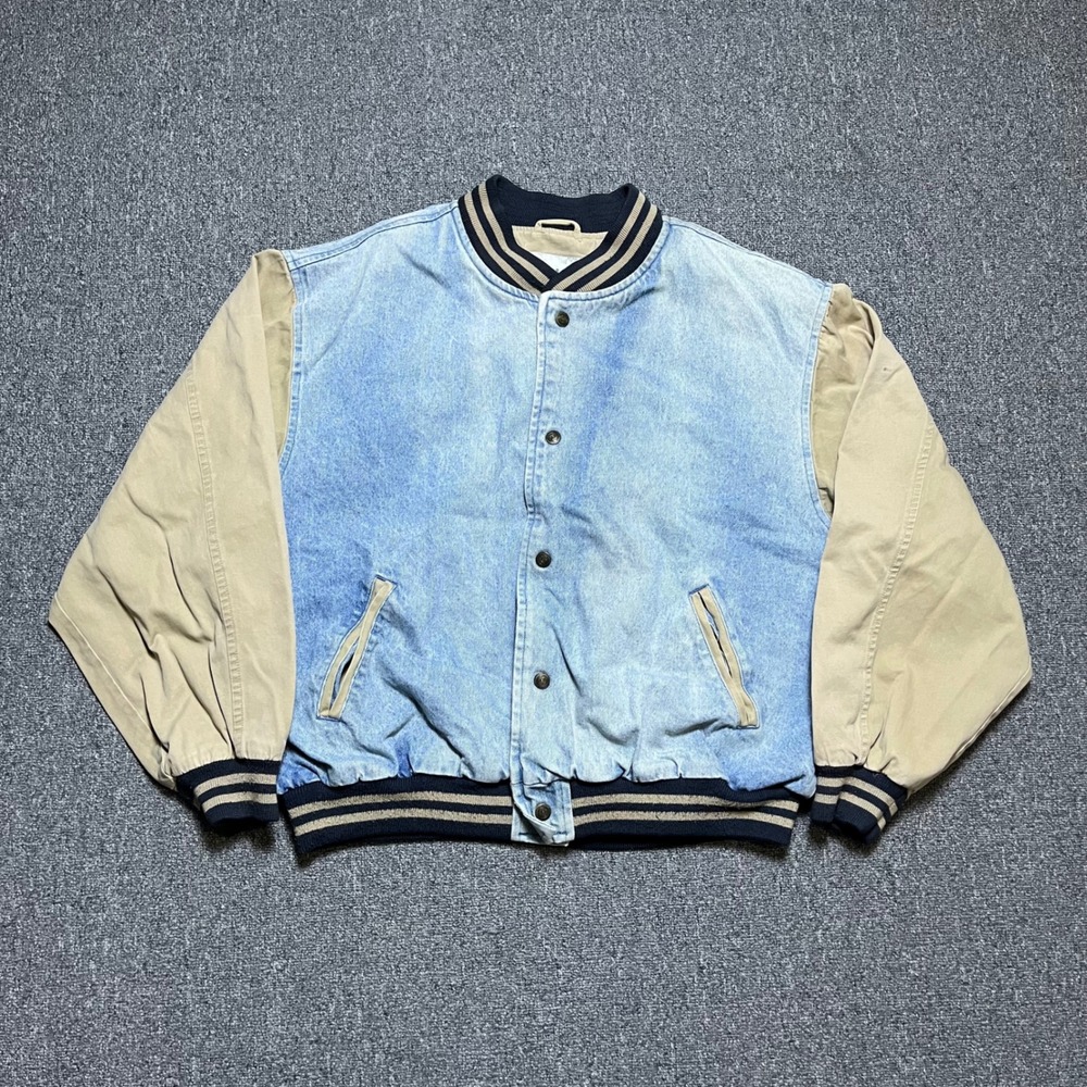 Vintage American Weekend Varsity Jacket Large Blue Tan Denim Bomber 90s Ward's